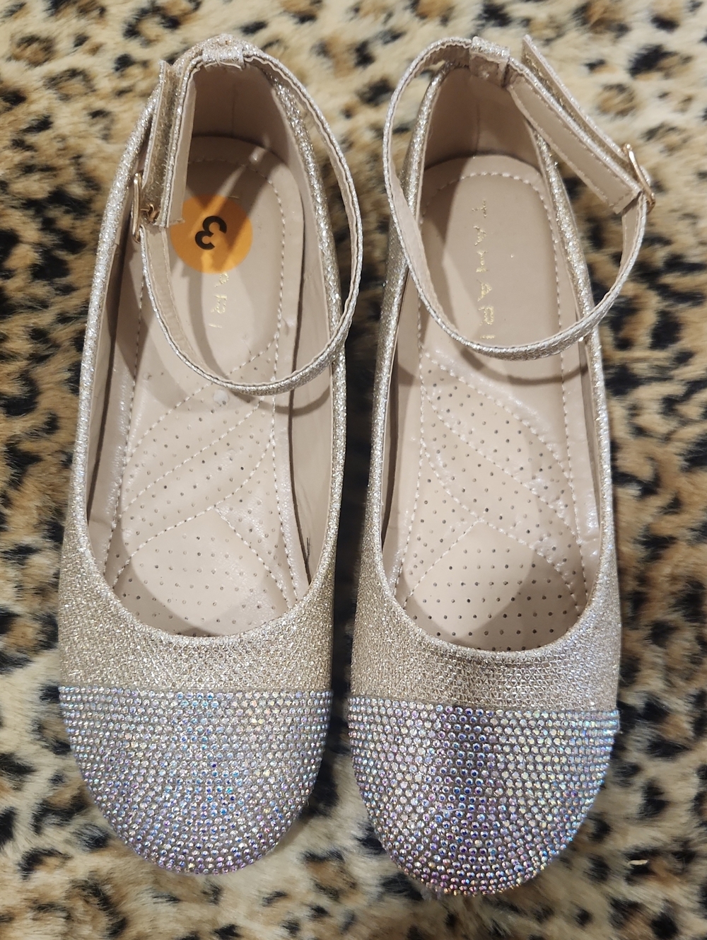 Tahari Girls Glittery Rhinestone Cap-Toe Ankle Strap Flats